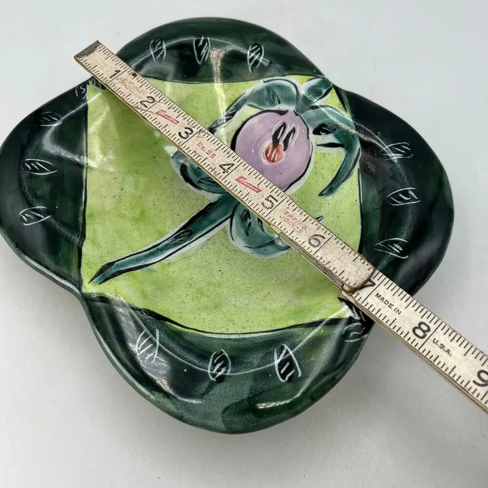Posey Bacopoulos Pottery Majolica Square Bowl Candy Console Dish Green Pink 7